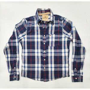Men Hollister Stretch Blue Plaid Button Down Long Sleeve Cotton Blend Size L‎